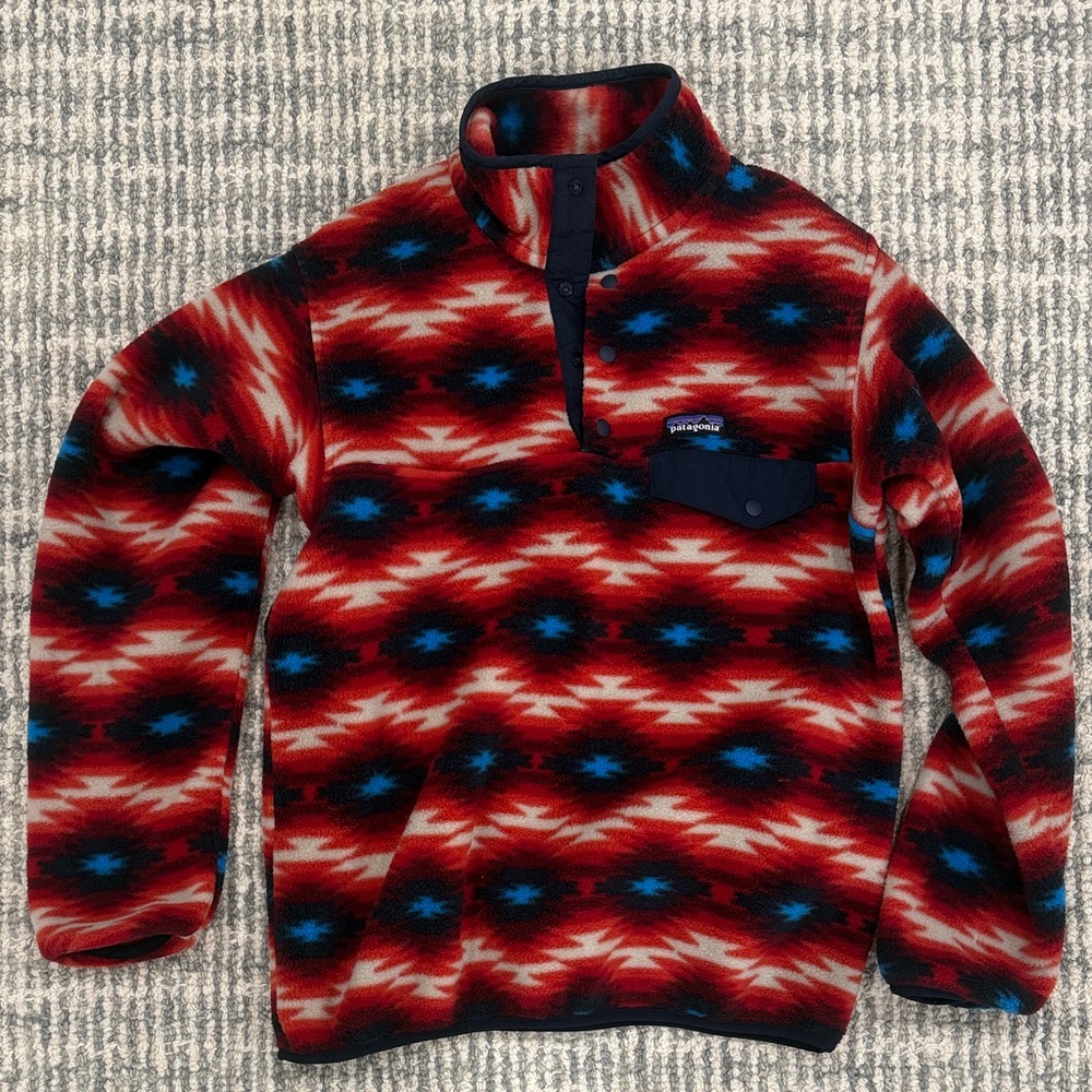 Patagonia Red Aztec-Pattern Snap Pullover with Bl… - image 1